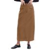 Women's Linen High Waisted Split Raw Hem A-Line Midi Skirts with Pockets