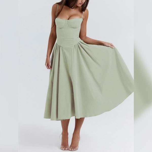 Women’s Corset Dress Sexy Spaghetti Strap Bustier Midi Dress Low Cut Flowy Pleated Hem Formal Dresses with Pockets