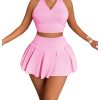 Women's Summer 2 Piece Outfits Half Zip Crop Tank Tops and Mini Pleated Skirt Set