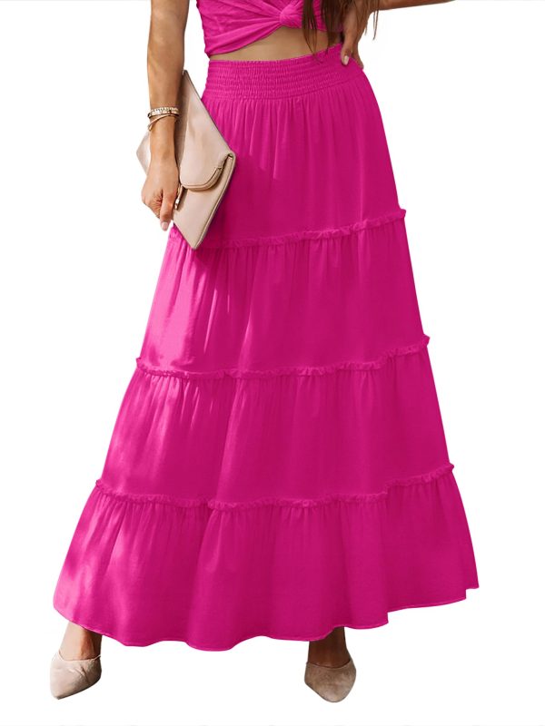 Women’s Summer Boho Maxi Skirts Smocked High Wasited Flowy Tiered Ruffle A Line Long Beach Skirt