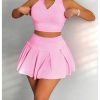 Women's Summer 2 Piece Outfits Half Zip Crop Tank Tops and Mini Pleated Skirt Set
