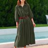 Women Flowy Maxi Shirt Dress Casual Button Down V Neck Ruffled Beach Long Dresses with Pockets