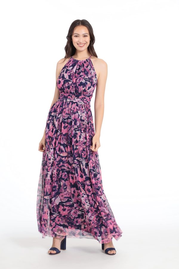 Women's Mesh Halter Maxi with Ruched Waistband Event Guest of Occasion Garden Party