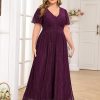 Plus Size Maxi Formal Dress Sparkly V-Neck A-line Ruffle Sleeves Evening Gown Cocktail Prom Glitter