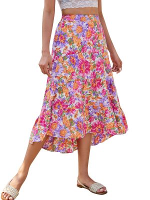 Women's Long Skirts Boho Floral Elastic High Waist Asymmetrical Hem Midi Skirt