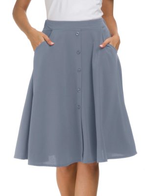 Womens Casual Pleated High Waisted A Line Midi Button Front Skirts with Pockets