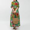 Women Boho Floral Print Cotton Long Maxi Skirt with Pockets and Adjustable Waistband Beach Casual Summer Dress