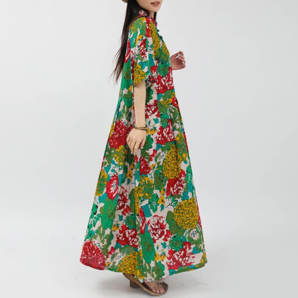 Women Boho Floral Print Cotton Long Maxi Skirt with Pockets and Adjustable Waistband Beach Casual Summer Dress