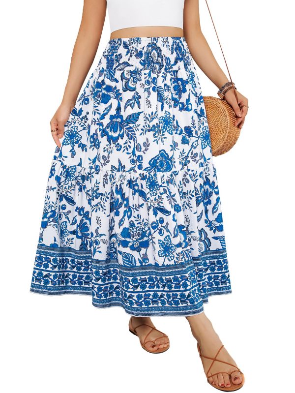 Women's Boho Skirt Elastic High Waist Pleated A-Line Flared Maxi Skirts Womens Flowy Long Skirts