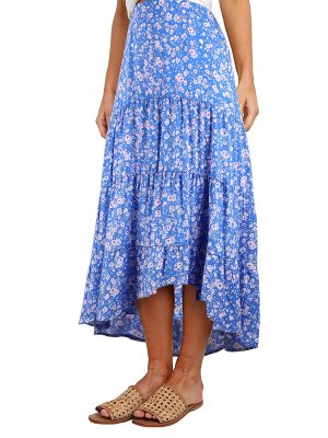 Women's Ditzy Floral Print Midi Skirt Boho Elastic High Waist Long Skirts for Women Trendy High Low Hem