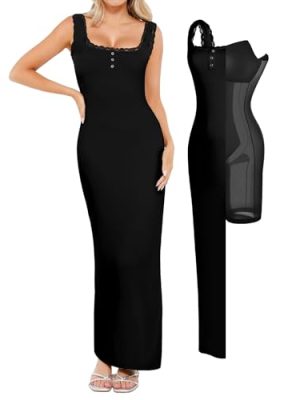 Shapewear Tank Dress Summer Maxi Dress Built-in Bra Square Neck Lace Trim Going Out Vacation Dresses for Women
