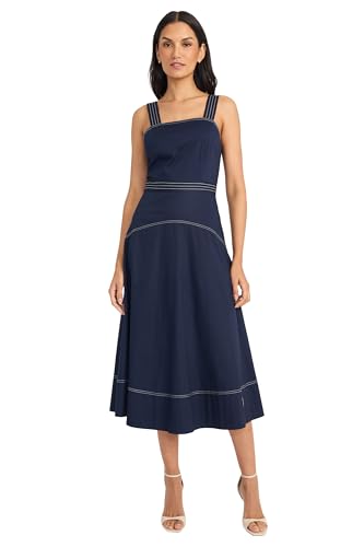 Women's Square Neck Midi Contrast Stitching-A-line Seamed Bodice Formal Wedding Guest Cocktail Dress
