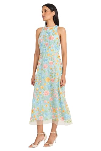 Embroidered Women's High Neck Tea Length Special Occasion Midi-Formal Evening Party Cocktail Dress