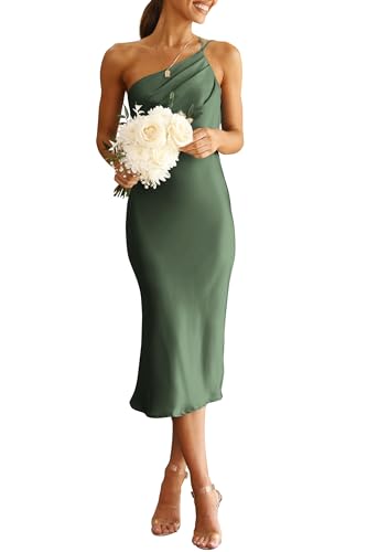 Women's 2025 Summer Midi Satin Dress One Shoulder Spaghetti Strap Backless Ruched Bodycon Dresses