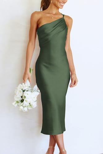 Women's 2025 Summer Midi Satin Dress One Shoulder Spaghetti Strap Backless Ruched Bodycon Dresses