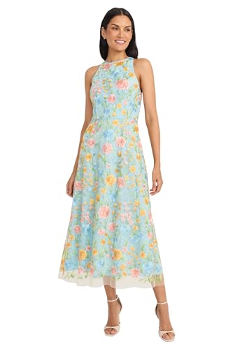 Embroidered Women's High Neck Tea Length Special Occasion Midi-Formal Evening Party Cocktail Dress