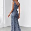 Women's Formal Dress Sequin Tulle Double V-Neck Sleeveless Mermaid Long Evening Dress 07886