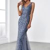 Women's Formal Dress Sequin Tulle Double V-Neck Sleeveless Mermaid Long Evening Dress 07886