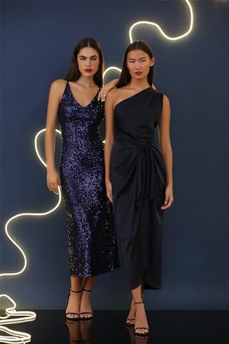 Women's One Shoulder Faux Wrap Light Charmeuse Maxi with Tie Waist Occasion Event Party Guest of