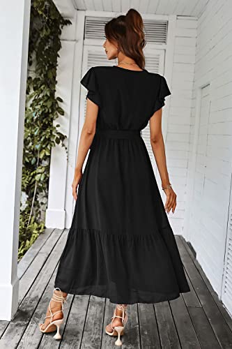 Women's Summer Floral Boho Maxi Dress Wrap Short Sleeve V Neck Ruffle A-Line Flowy Wedding Guest Long Dresses